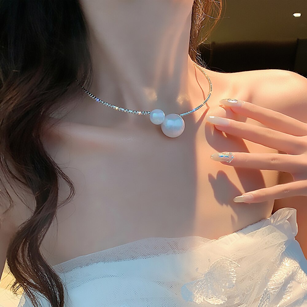 Vòng cổ choker chuỗi hạt ngọc trai trắng lớn phong cách thanh lịch cho nữ