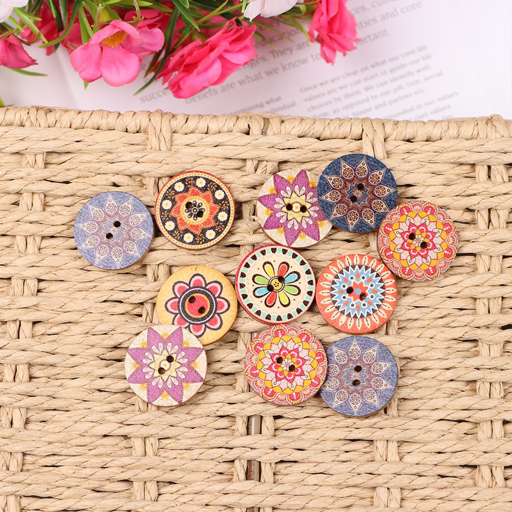 Nút Gỗ Hình Tròn 15mm/20mm/25mm In Họa Tiết Hoa Phong Cách Retro Dùng Làm Đồ Thủ Công DIY