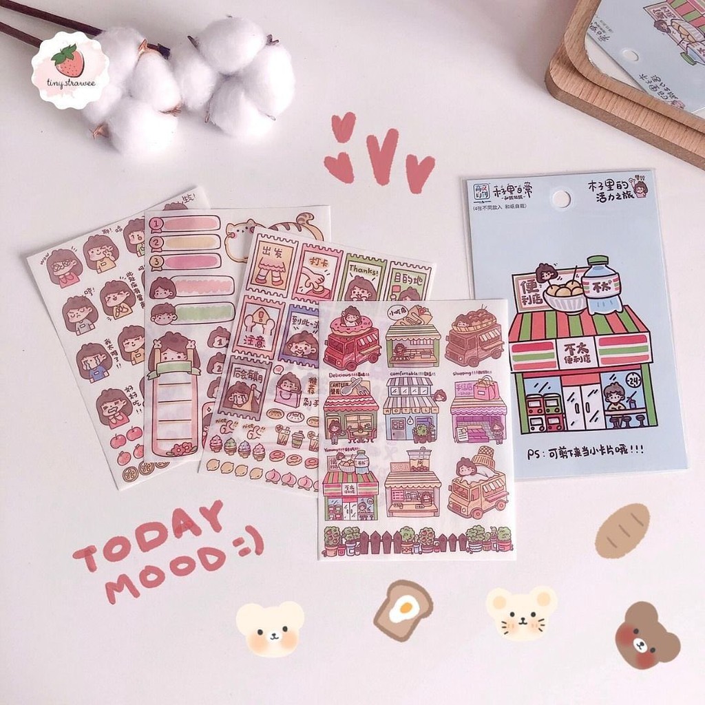 Combo 04 miếng sticker dán sổ hình cute girl ver1 dùng dán trang trí sketchbook/ tập vở/ nhật ký - VP031