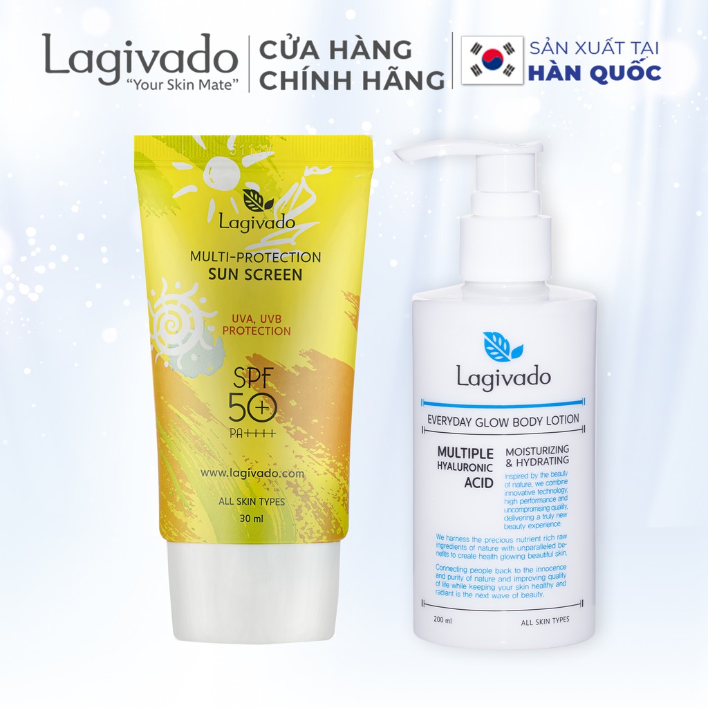 Bộ chăm sóc da mặt Hàn Quốc Lagivado gồm kem chống nắng 30 g và Kem body trắng da 200ml