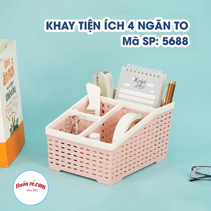 Khay nhựa tiện ích 4 ngăn Việt Nhật 2 size (5696/5688), khay 4 ngăn để bàn đựng bút, đồ dùng đa năng - Buôn rẻ 01288