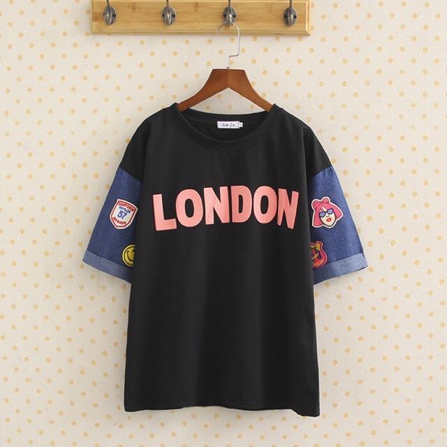 Áo thun big size phối màu tay jean in chữ London size cho người béo mập 70-90kg
