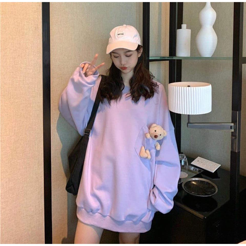 Áo Thun Da Cá TEDDY BEAR Nữ ♥ Phông dài tay oversize dáng rộng phối túi gấu màu ĐEN | TRẮNG | TÍM Ulzzang ♥