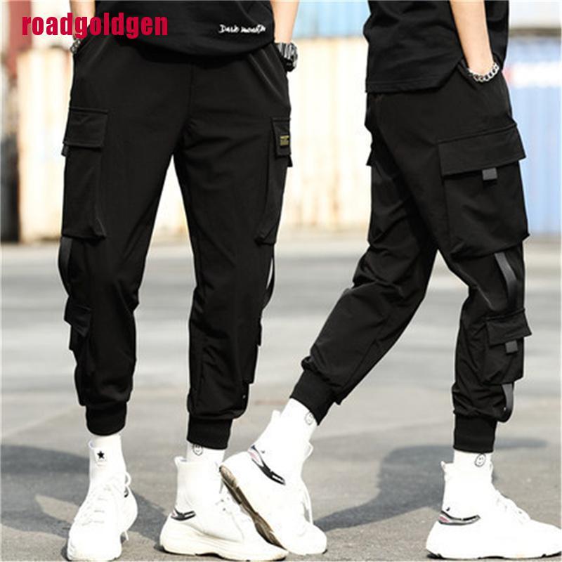 [rogoldVN]Men's Side Pockets Cargo Harem Casual Pants Ribbons Hip Hop Joggers Trousers
