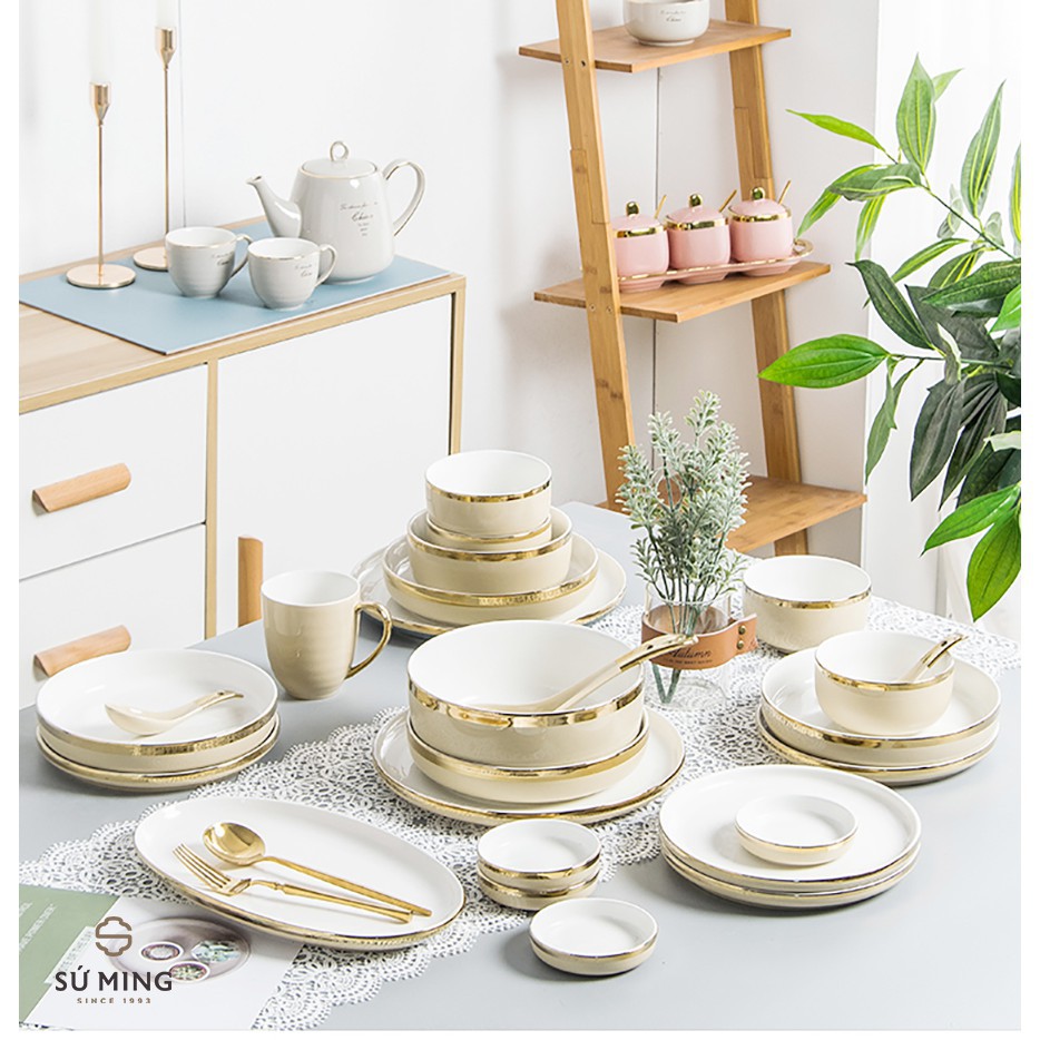 Bộ Bát Đĩa Sứ Màu Trắng Viền 26 Chi Tiết Vàng Sang Trọng, Viền Vàng 24K, Nhiều Màu Sắc Lựa Chọn Quà Tặng Tân Gia.