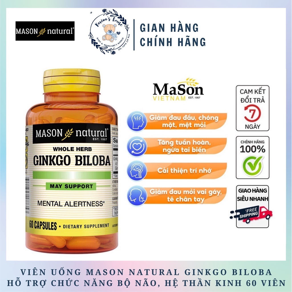Viên Uống Mason Natural Ginkgo Biloba Hỗ Trợ Chức Năng Bộ Não, Hệ Thần Kinh 60 Viên