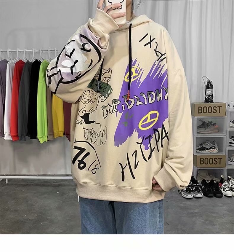 Áo hoodie dáng rộng tay dài in họa tiết graffiti gồm 3 màu sắc