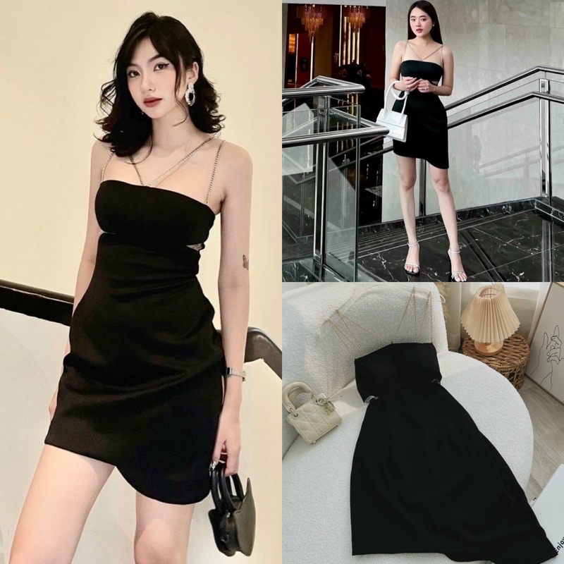 Đầm ôm body đen khoét cut eo 2 dây xích, váy ngắn có mút ngực quyến rũ sang trọng gợi cảm, thời trang đi chơi dự tiệc