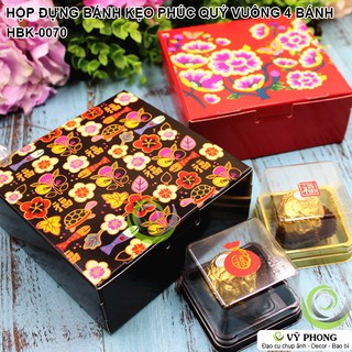 HỘP GIẤY ĐỰNG BÁNH KẸO NIÊN NIÊN HỮU DƯ VÀ HOA KHAI PHÚ QUÝ VUÔNG 4 BÁNH HBK-0070