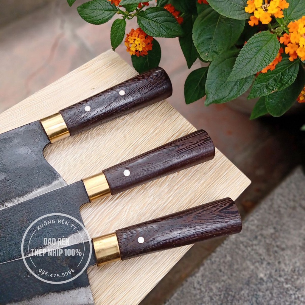 Bộ 3 Dao Nhà Bếp, Thép Nhíp Chuẩn - Rèn Thủ Công, Cán Gỗ Mun, Dao Chặt, Thái, Lọc