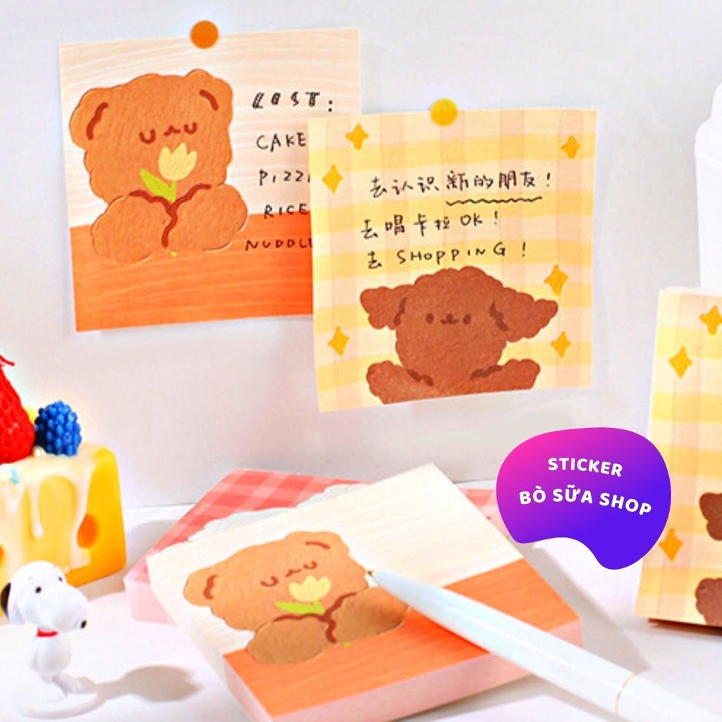 Set 100 Giấy ghi chú Gấu Thỏ Trà Sữa đáng yêu Stickerbosuashop