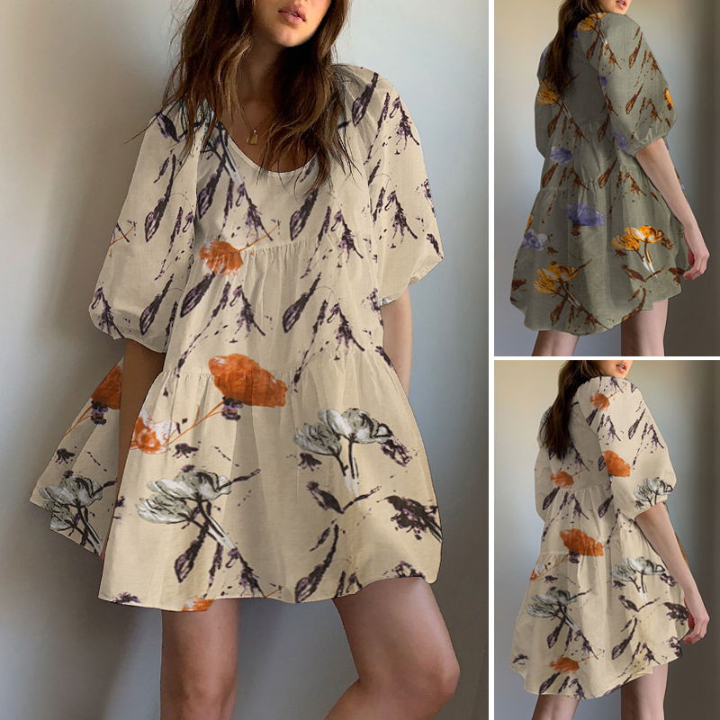 Đầm mini ZANZEA tay ngắn cổ tròn in họa tiết hoa thời trang cho nữ