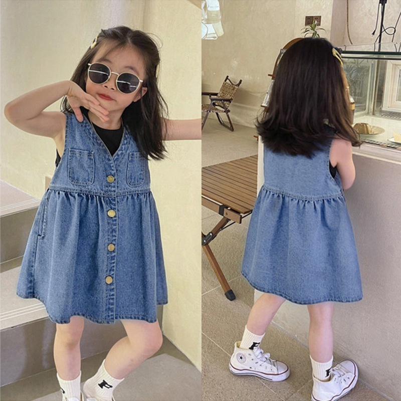 Đầm Yếm Denim Phong Cách Phương Tây Thời Trang Mùa Hè Cho Bé Gái