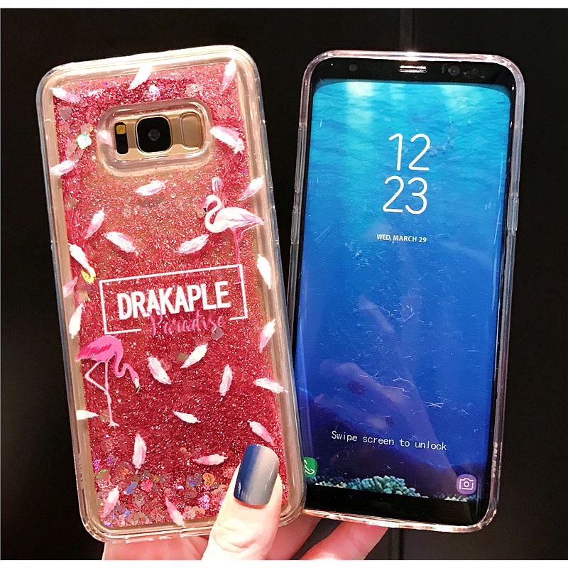 Ốp điện thoại kim tuyến nước in hình chim hồng hạc đáng yêu chống sốc Samsung Galaxy S7 Edge S8 S9 S10 Plus