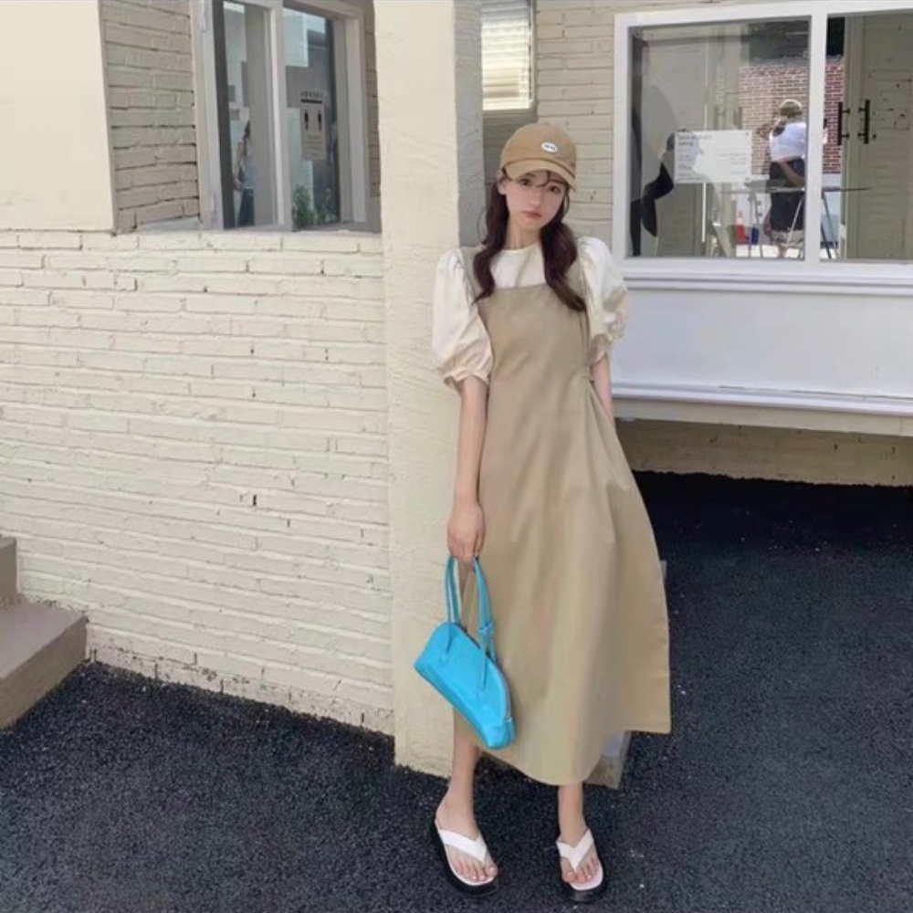 Váy yếm nữ kèm áo tay bồng đầm dự tiệc váy cưới phong cách tiểu thư Hàn Quốc hai màu đen, kaki thời trang