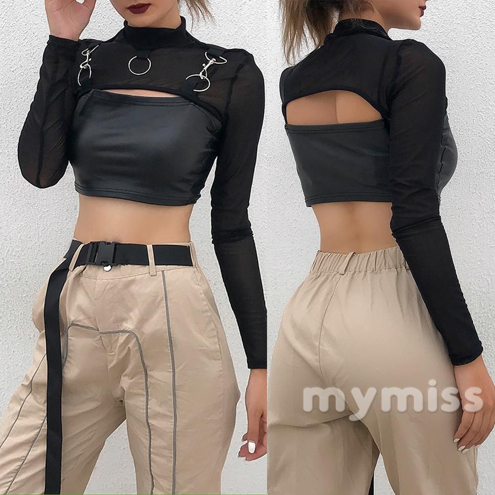 ♛♚♛Áo Croptop Tay Dài Cổ Tròn Xuyên Thấu Thời Trang Xuân Thu Quyến Rũ Cho Nữ