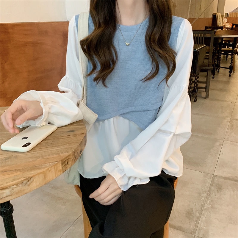 Áo Sơ Mi Mỏng Tay Dài Giả Hai Lớp Sáng Bóng Phong Cách Hàn Quốc Thời Trang 2022 Cho Nữ