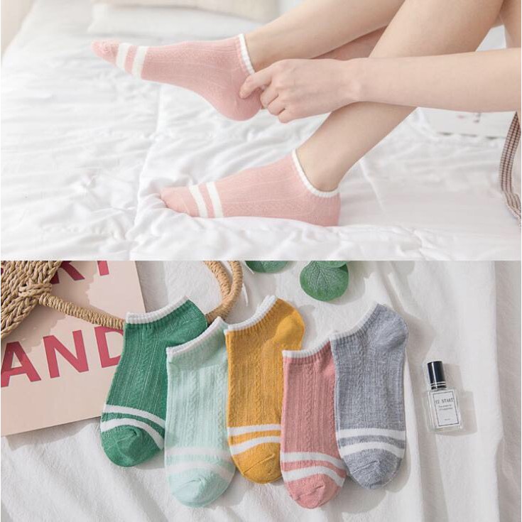 Set 10 Đôi Tất Nữ Ngắn Cổ 2 Sọc Kẻ Như Hình