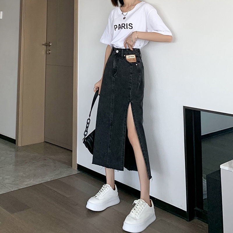 Chân váy jean chữ A lưng cao xẻ tà thời trang mới cho nữ