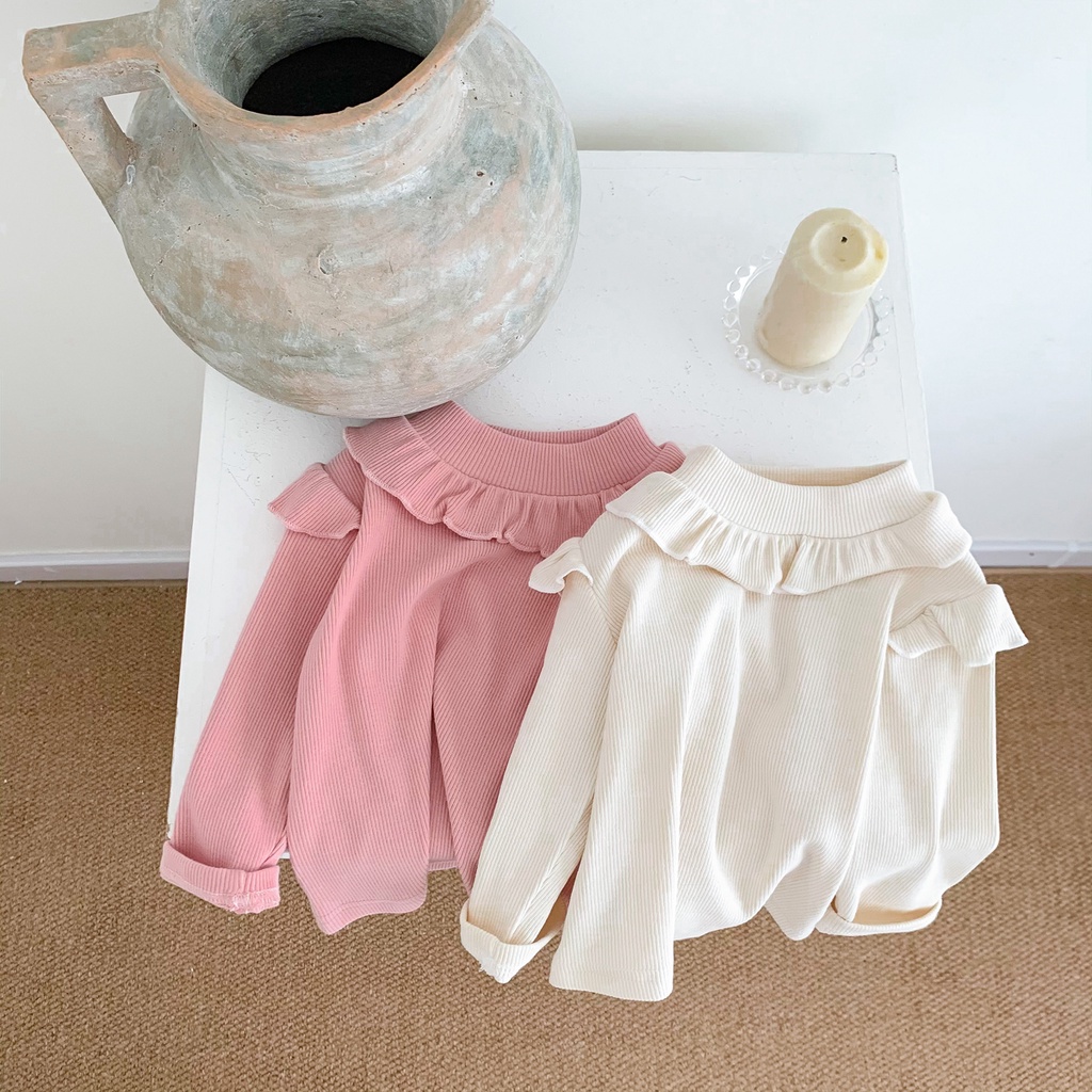 Áo Thun Cotton Tay Dài Cổ Bèo Xếp Ly Dễ Thương Dành Cho Bé Gái