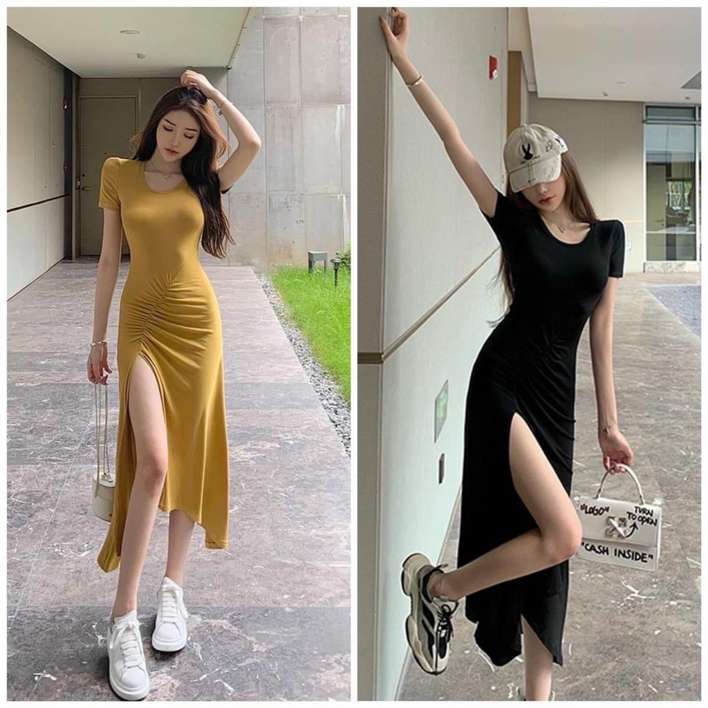 Đầm body nữ tay ngắn dáng dài nhún xẻ tà phong cách hàn quốc