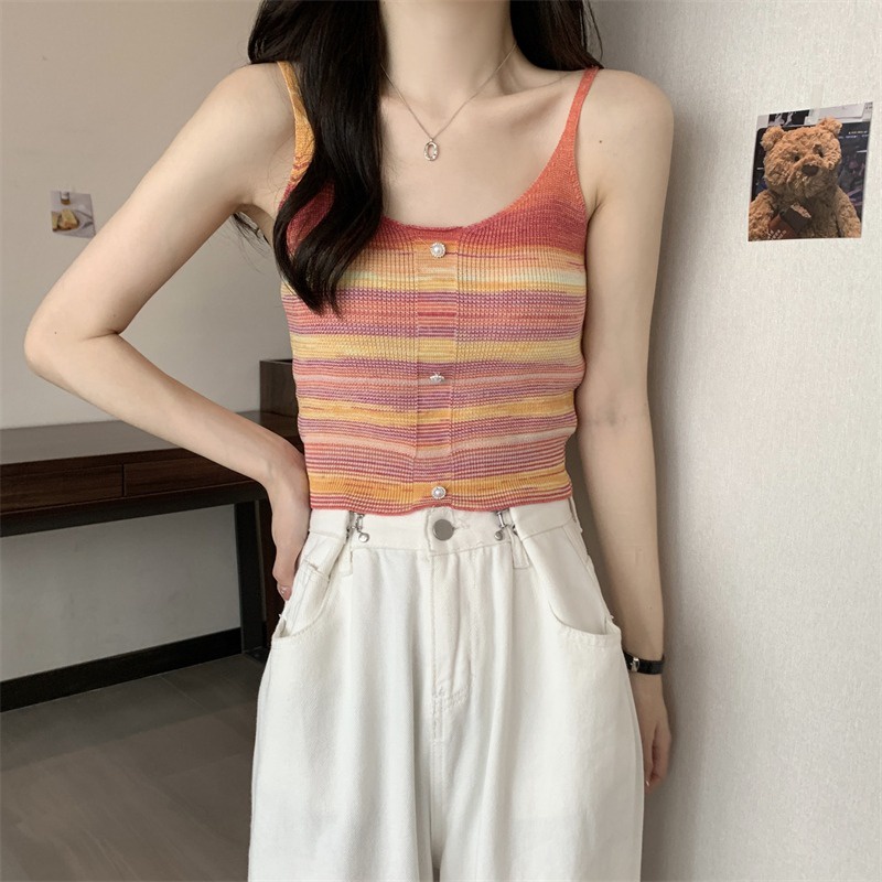 【HangFei】Áo Dệt Kim Sát Nách Kẻ Sọc Cầu Vồng Lưng Cao Quyến Rũ Cho Nữ