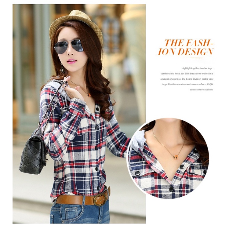 Áo sơ mi SixSisters phối mũ trùm đầu dài tay họa tiết caro thời trang dành cho nữ