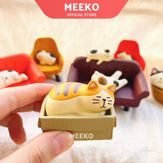 Decor mini mèo nằm ghế đọc sách cute/ Decor mèo Boxy Cat tình cảm để bàn học, kệ sách MEEKO