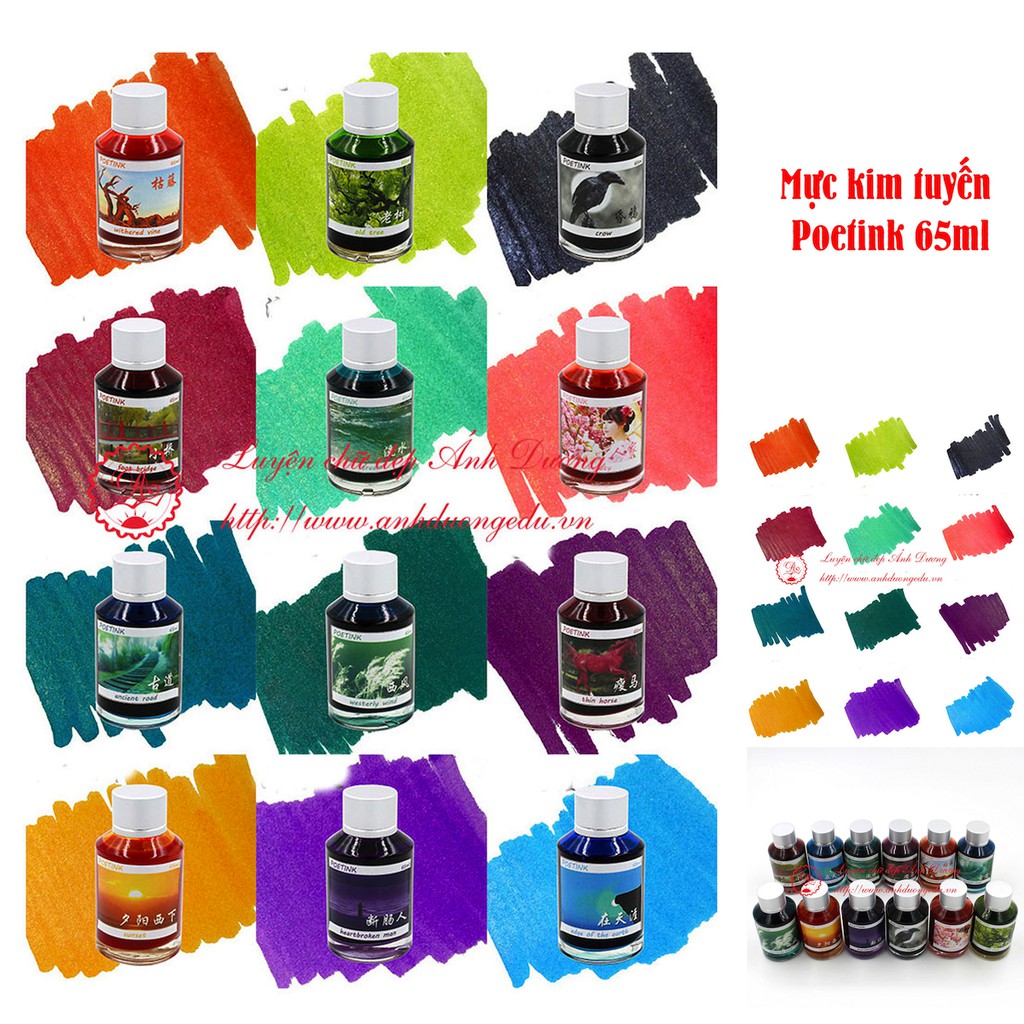 Mực bút máy Poetink kim tuyến lấp lánh chính hãng dùng cho bút máy bơm và bút chấm mực dung tích 65ml