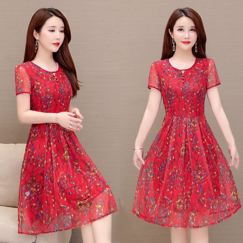 ▼Đầm Chiffon Tay Ngắn Phối Lưới Thời Trang Mùa Hè Cho Phụ Nữ Trung Niên 40-50 Tuổi