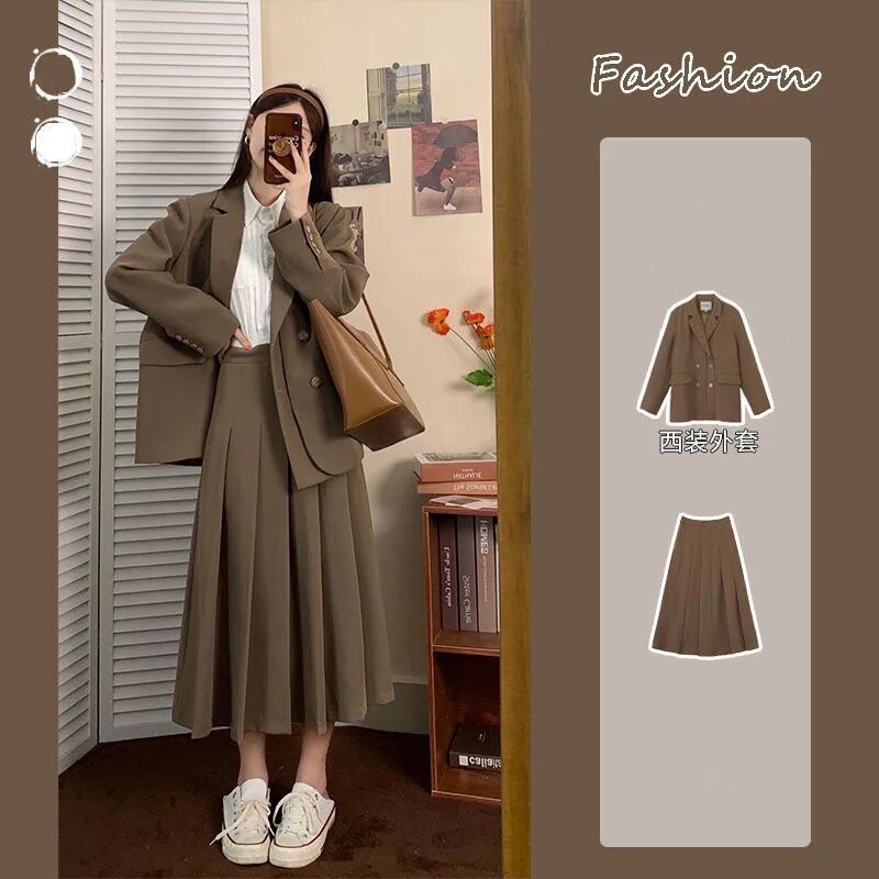 Bộ áo khoác vest + chân váy xếp ly lưng cao phong cách phương tây thời trang mùa thu cho nữ