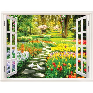 Tranh dán tường 3D cửa sổ phong cảnh hoa tulip ở An giang -vải lụa kim sa
