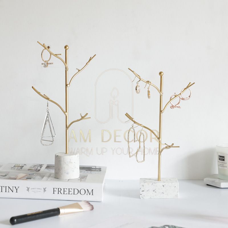 Kệ treo trang sức dáng cây dây chuyền vòng tay khuyên tai nhẫn sắt vàng đế đá decor trang trí sang trọng - AM Decor