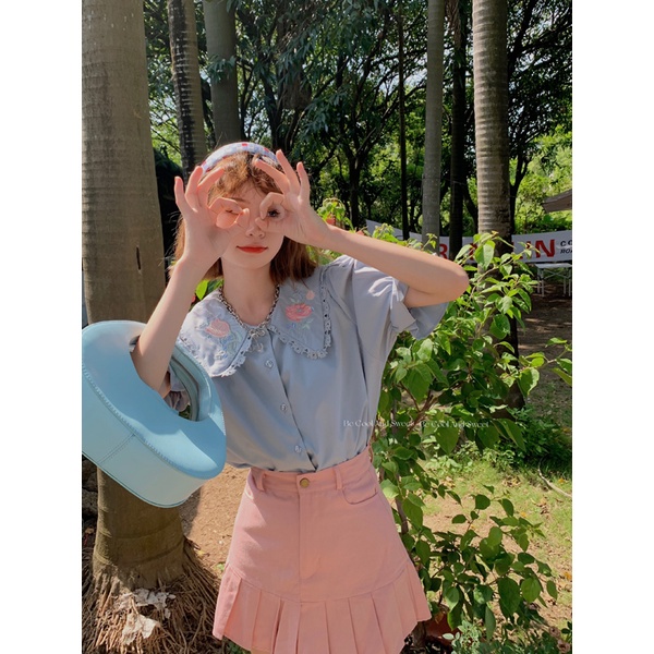 SUXI Áo sơ mi tay ngắn dáng rộng phối ren thêu họa tiết thời trang mùa hè Pháp cổ điển thanh lịch cho nữ