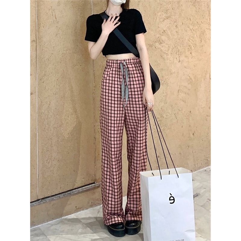 Quần ống rộng Họa Tiết Sọc Caro Phối Dây Rút Thời Trang Trẻ Trung Cho Nữ
