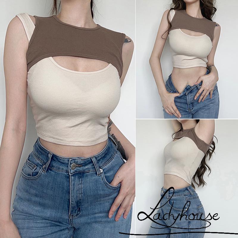 Áo Sát Nách Cổ Tròn Cắt Xẻ Trước Dáng Ôm Màu Tương Phản Thời Trang Đường Phố Cho Nữ