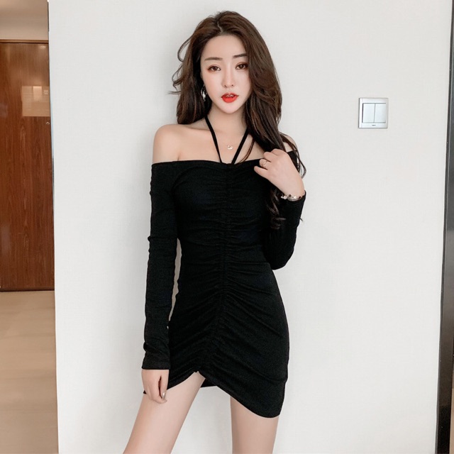 Váy Body Trễ Vai Tay Dài Rút Dây Ngực - Mặc Được 2 Kiểu - DZ11