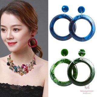 Bông tai mặt hình tròn thiết kế vân đá quý màu xanh lục/xanh lam phong cách sang trọng quý phái