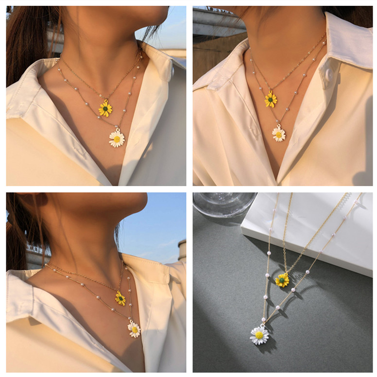 Fashion Korea Double Pearl Daisy Flower Pendant Necklace Earring All-match Jewelry For Women