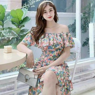 Đầm nữ dự tiệc đầm lụa hoa nhí trễ vai hoặc phủ vai váy đuôi cá xếp ly màu xanh dịu dàng