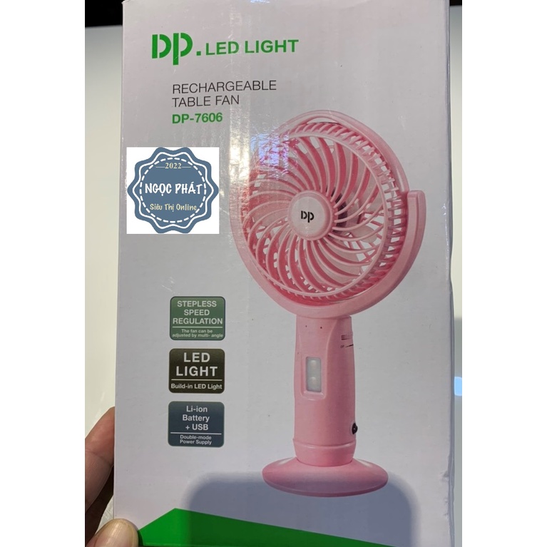QUẠT SẠC TÍCH ĐIỆN, KÈM ĐÈN LED CHIẾU SÁNG - DP 7606 – ĐỂ BÀN HOẶC CẦM TAY (DP Electronic nổi tiếng chất lượng)