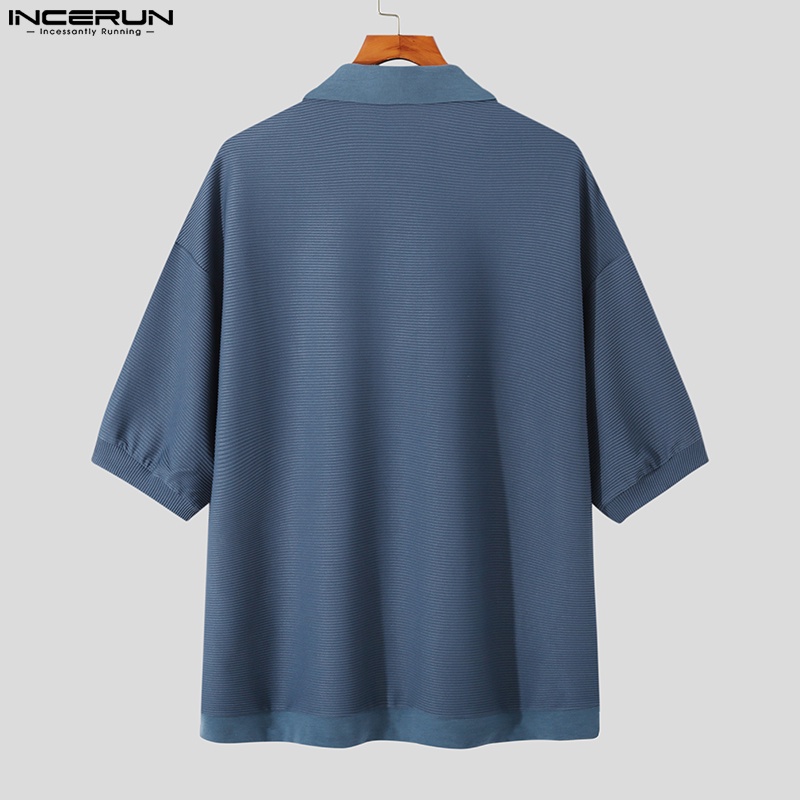 INCERUN Áo Sơ Mi Ngắn Tay Dáng Rộng Màu Sắc Đơn Giản Cho Nam
