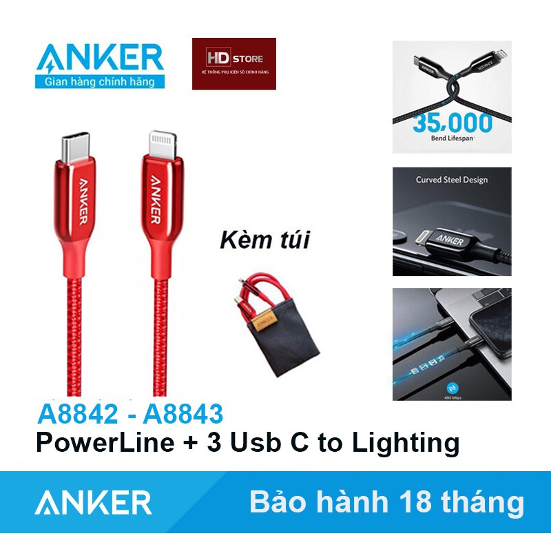 Cáp ANKER Powerline Type C to Lighting Iphone MFI  A8842 A8843 Sạc nhanh 18W 20W Iphone 11 12 13 Pro Max  Chính hãng