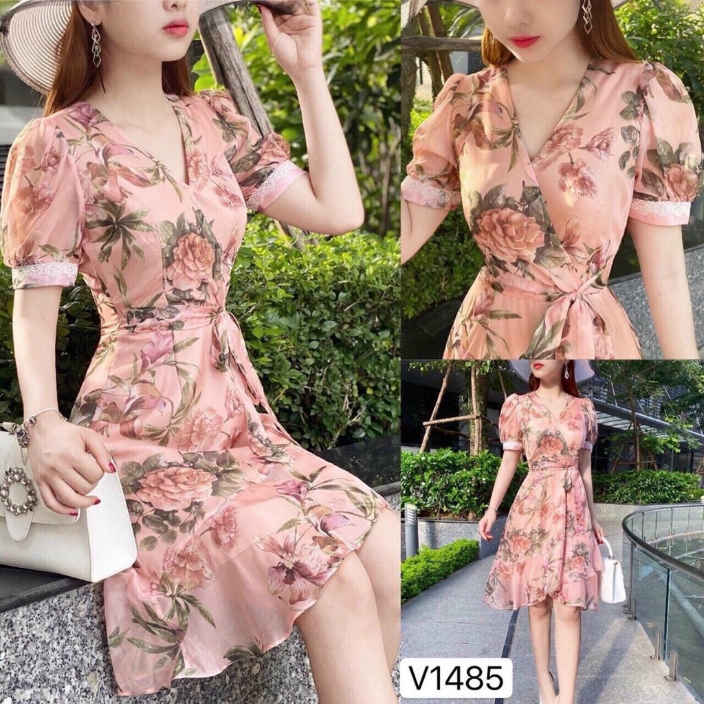 Váy Nữ Lụa Hoa Cổ V Cột Dây Eo Thời Trang Dạo Phố Sang Trọng