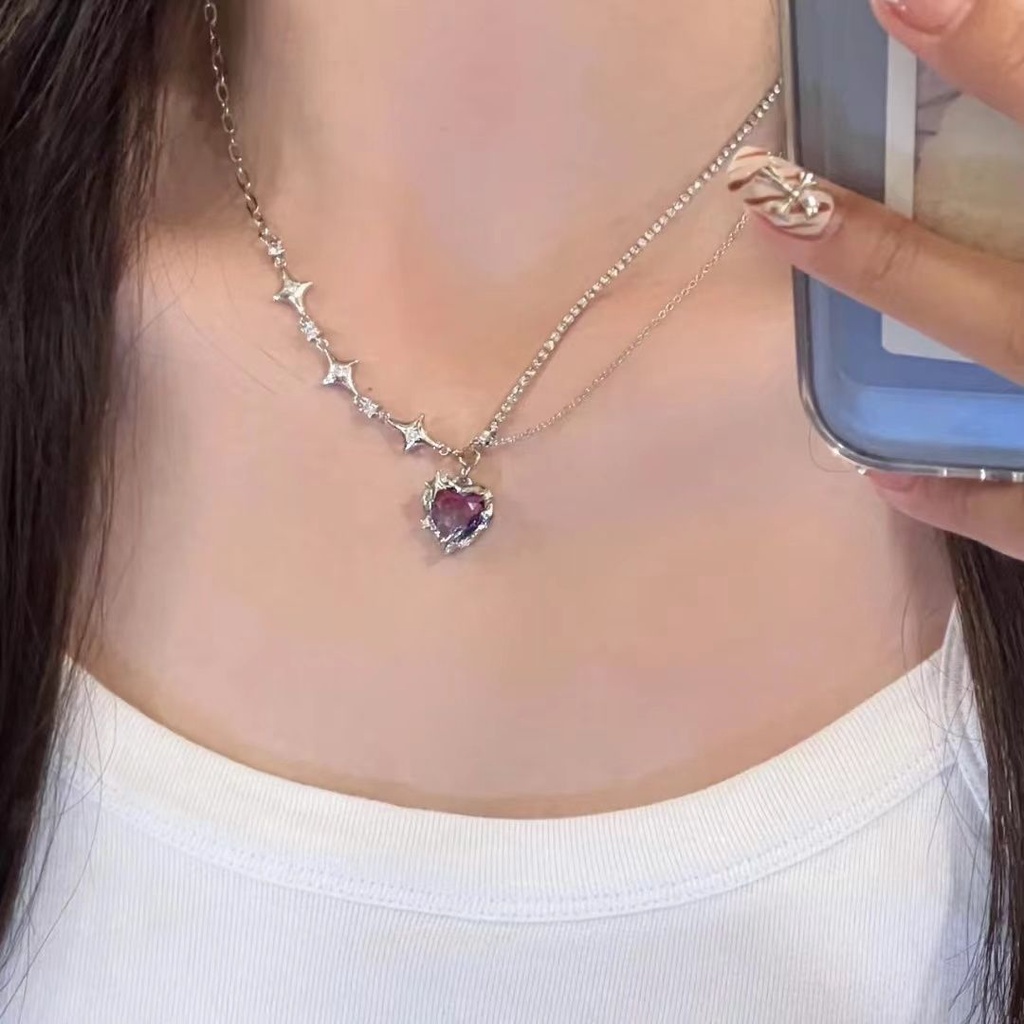 Dây Chuyền Hai Lớp Đính Đá Zircon Hình Trái Tim Màu Tím Sang Trọng