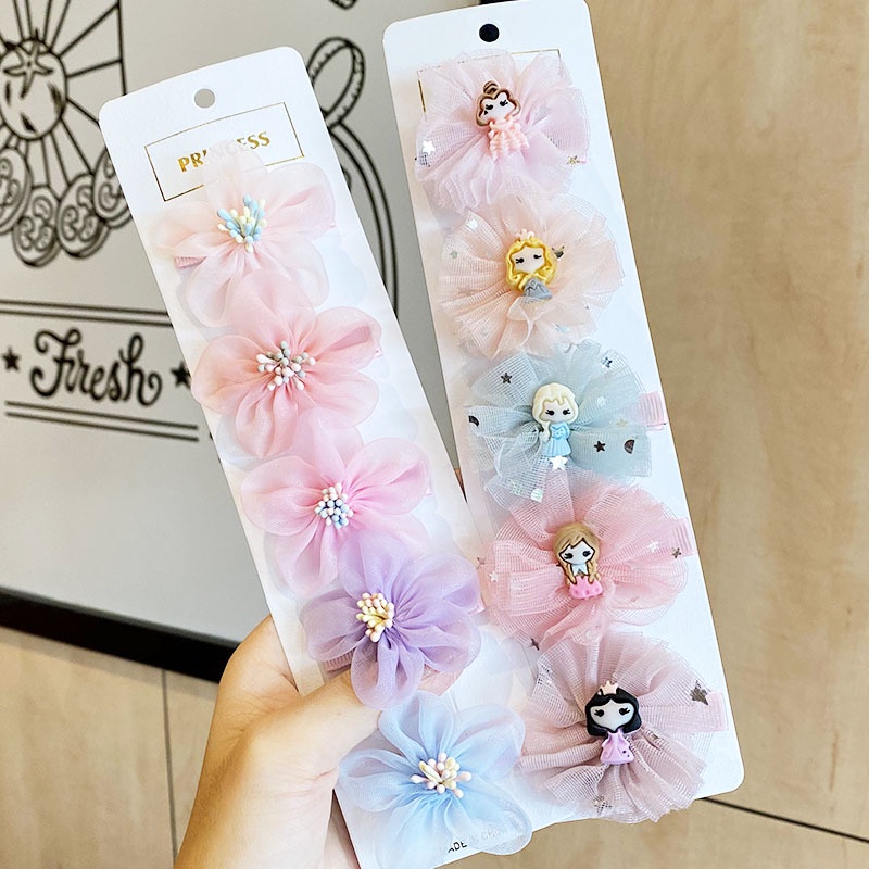 Set 5 Kẹp Tóc Nơ Ruy Băng Bằng Vải Chiffon Cho Bé Gái