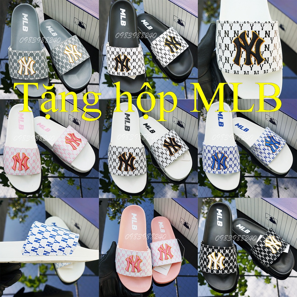 Dép MLB NY LA free ship + hộp hãng + bóng chày chữ thêu nổi NY-NY VNXK loại 1 hot trend quai ngang nam nữ. BH Slippers