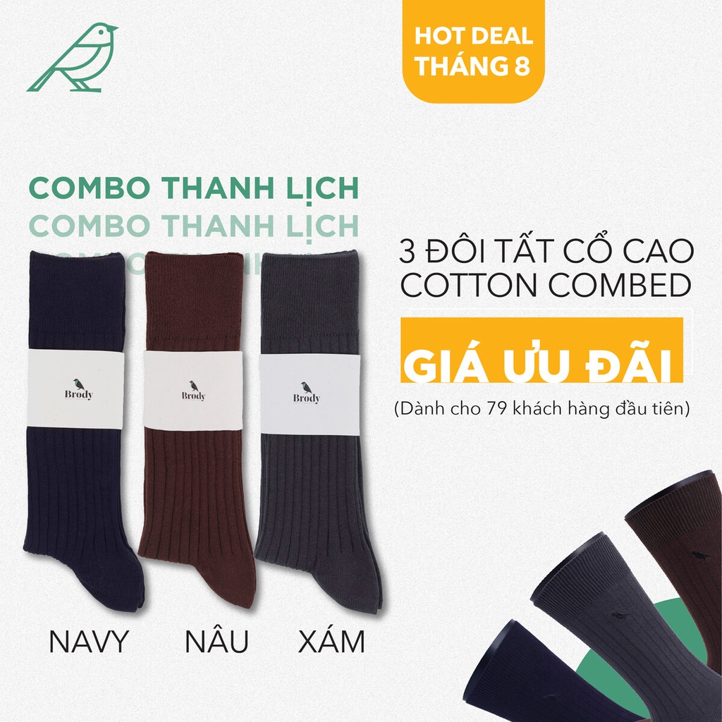 Tất cao cổ nam BRODY combo hộp 3 đôi Cotton Combed cao cấp 3 màu Basic - CB3MC