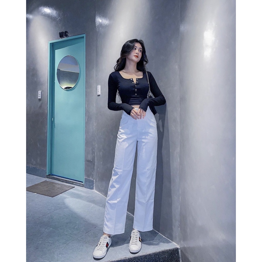 Áo croptop nữ tay dài HHVINTAGE kiểu basic bấm nút Top A19