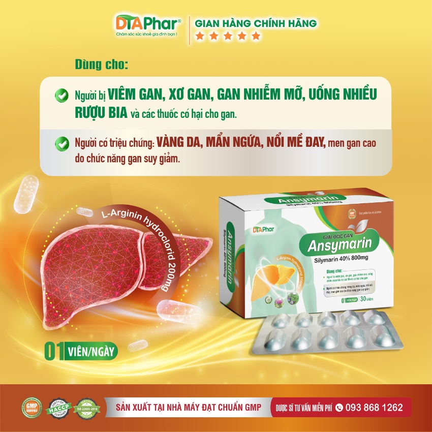 Viên uống mát gan gan Ansymarin DTAPhar thanh nhiệt giảm vàng da, mẫn ngứa, nổi mề đay, men cao Hộp 30 viên